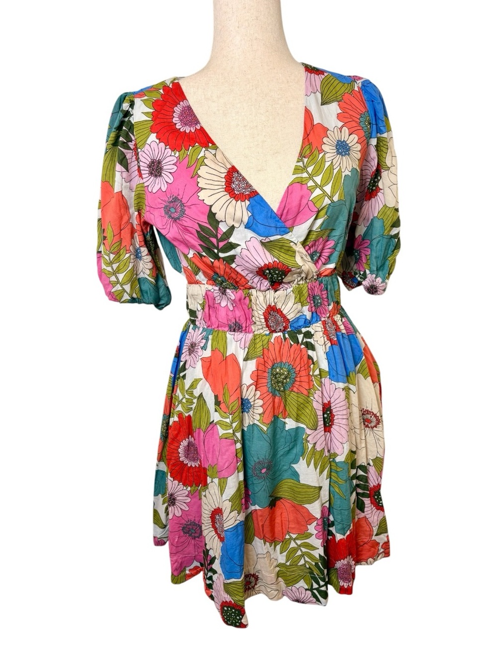 On 34th Pink Blue Floral Cotton Modal Puff Sleeve Mini Dress Small